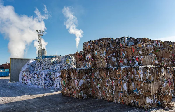 Zweden, Orebro, 24.02.2020: Balen karton en karton. Afvalpapier voor recycling. Achtergrond van papiertexturen, papierafval in de recyclinginstallatie Stockfoto