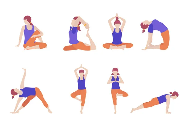 Set icon of woman doing yoga pose on poster design, banner.