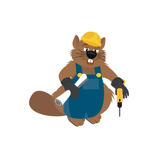 Cute Beaver a builder holding drawing and screwdriver. Illustrat