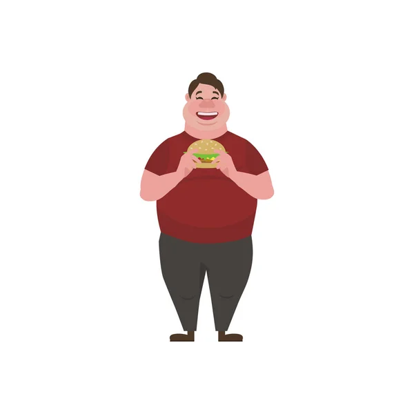 Fat man eating a big tasty hamburger. Funny Cartoon Character. O