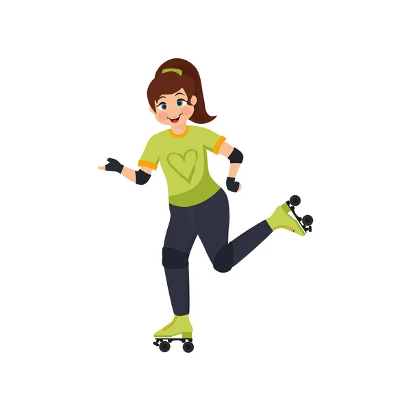 Little cute girl on roller skates. Teen rides on roller skates.