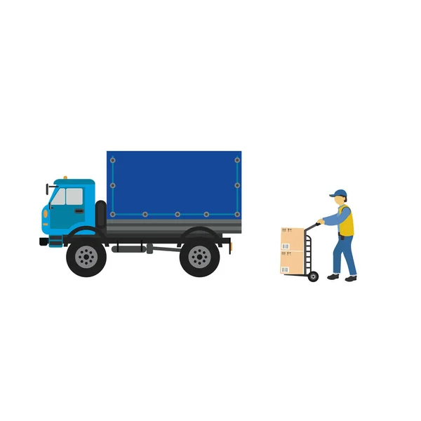 Delivery services concept. Delivery truck. Vector illustration. Forklift. Courier loads the boxes in the truck. Car for parcel delivery.