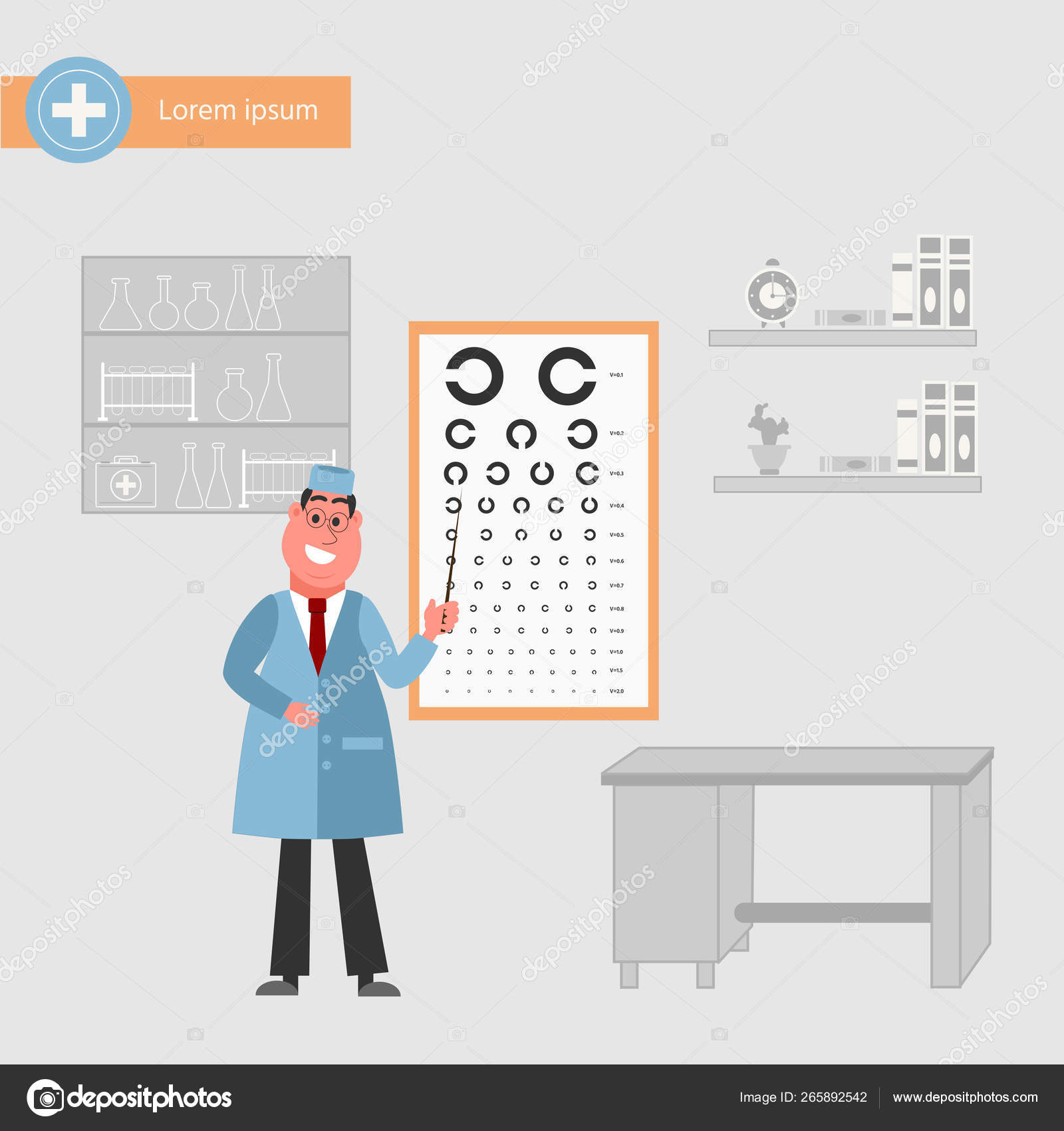 Doctor Oculist Stand At Sight Check Board For Vision Test Pointing