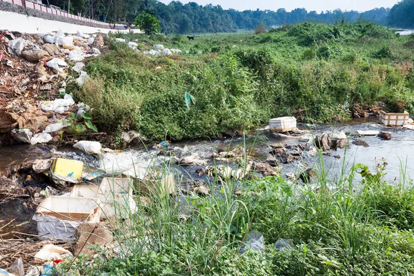 Büyük Çöp Dökümü Yol Nehir Ekolojik Felaket Tarafından - Stok İmaj