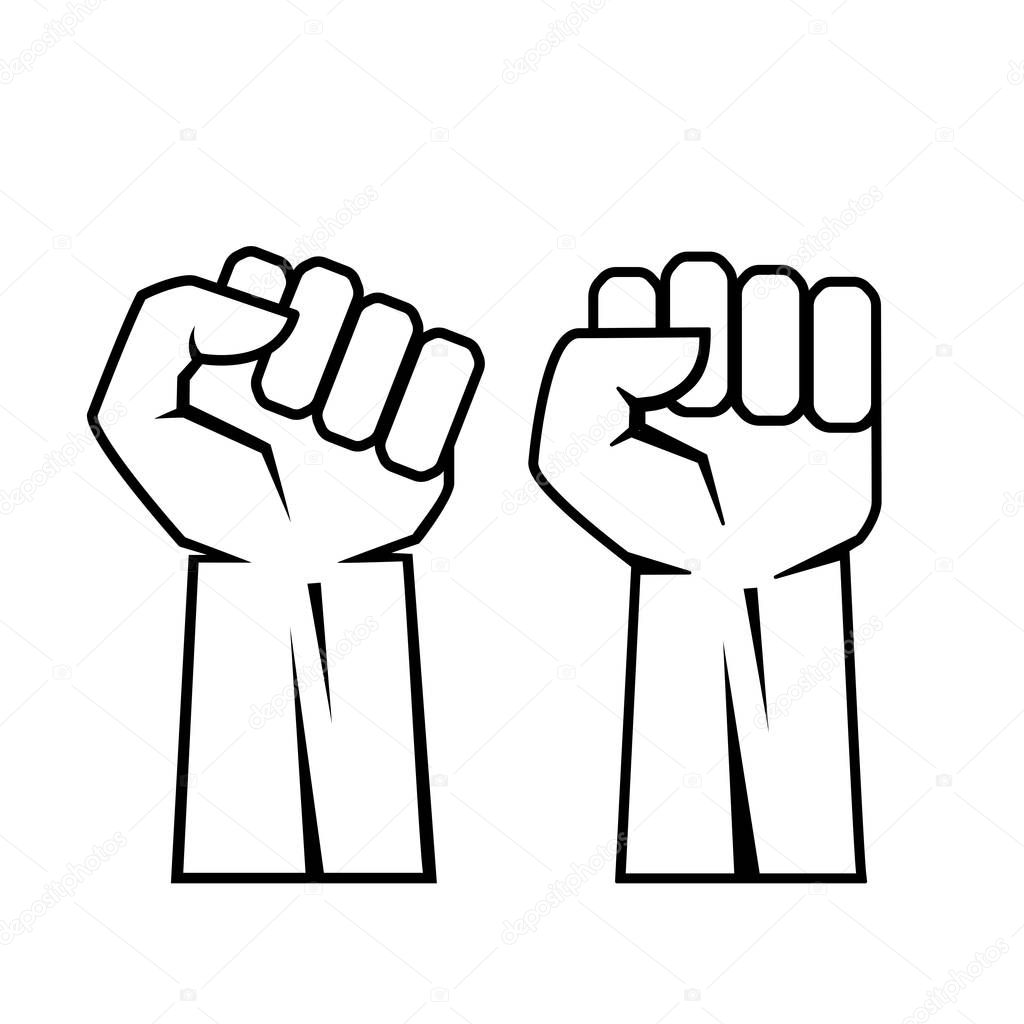 Outline raised fists hands vector icons illustration set isolated on white background, riot concept symbol