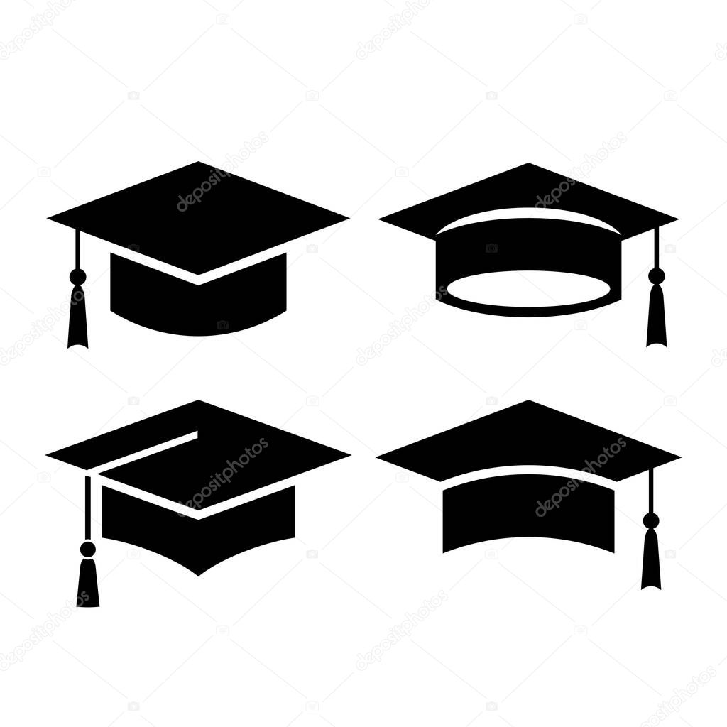 Black square graduation hats icons, vector illustration isolated on white background