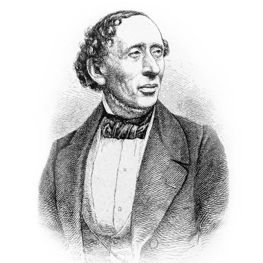 Hans Christian Andersen 1805-1875, Danimarkalı peri masalları yazarı. Antik Marchen kürk çocuk masalları kitabından oyulmuş eski bir resim. Loewes Verlag tarafından 1907 'de Stuttgart' ta basıldı..