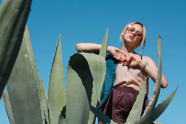 güzel ve genç birbayan arkasında, berrak mavi gökyüzünün önünde poz agawa bitki