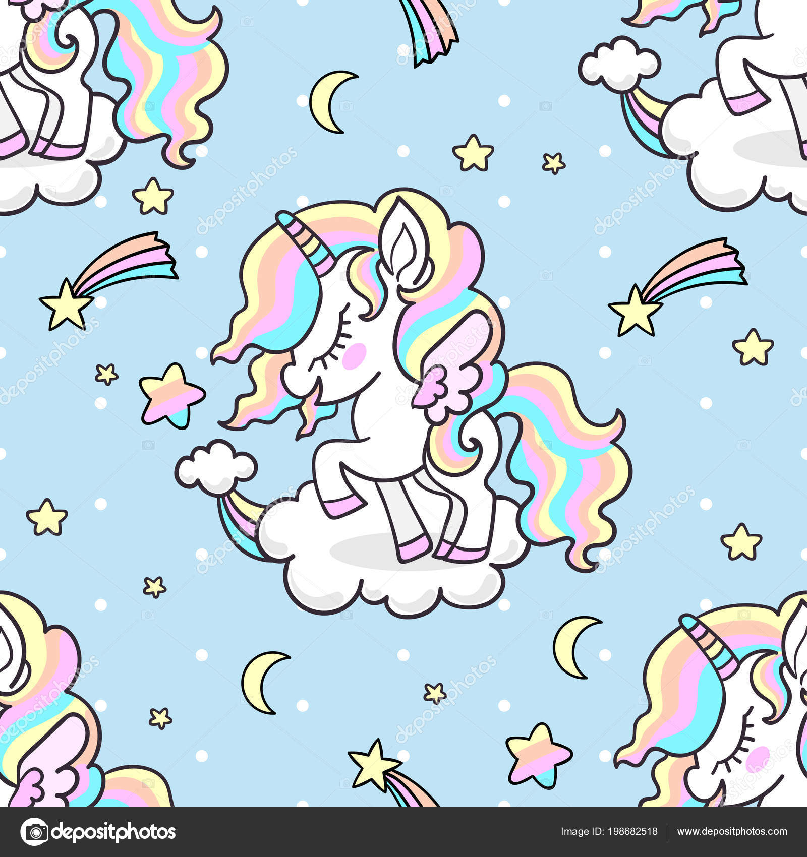 Cute Little Rainbow Unicorn Background Polka Dots Seamless Pattern ...