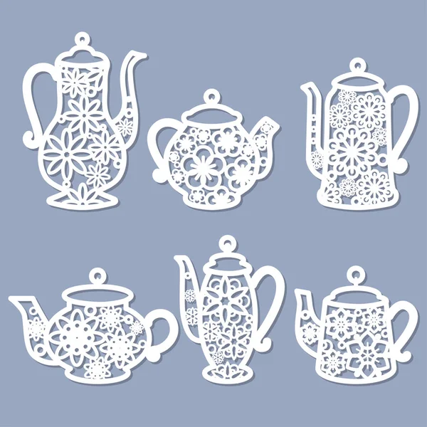 Декоративний Елемент Лазерного Різання Набір Декоративних Чайників Вашого Дизайну Різання — стоковий вектор