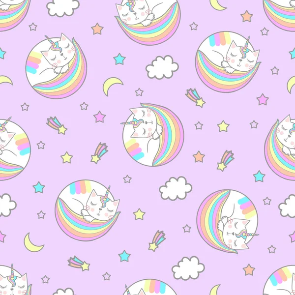 Seamless modeli. Bir tek boynuzlu at boynuz ile uyuyan bir kedi. Kumaşlar, duvar kağıtları, kağıt tasarımı için.