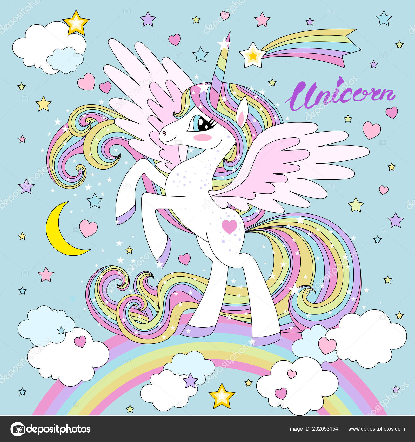 Une Licorne Belle Ailé Dessin Animé Sur Arc Ciel