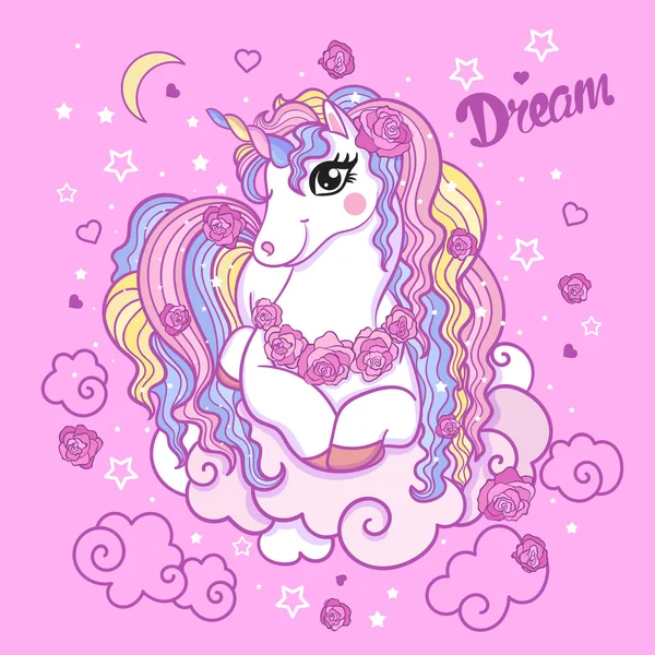 Rüya. Güzel beyaz tek boynuzlu at bulutlar ve gül pembe bir arka plan üzerinde arasında. Vektör çizim.