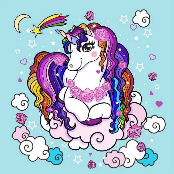 Güzel beyaz tek boynuzlu at bulutlar ve gül mavi bir arka plan üzerinde arasında. Vektör çizim.