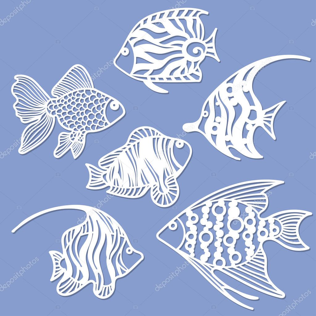 Set of fish for laser cutting. Suitable for cutting from paper, wood metal. For the design of postcards, menus and interior details.