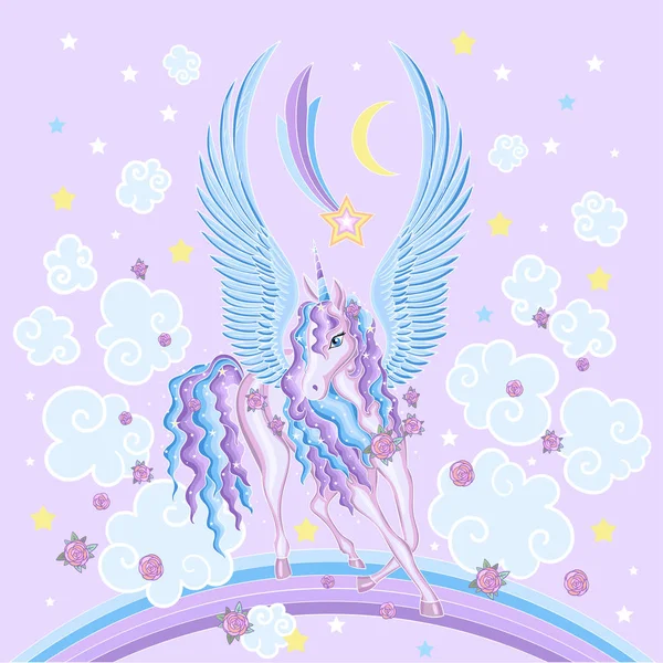 Hermoso Dibujos Animados Alado Unicornio Arco Iris Con Rosas Estrellas — Vector de stock