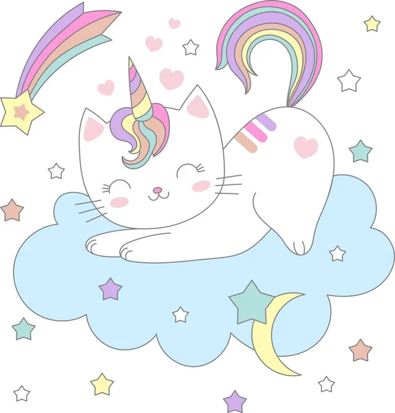 Güzel, karikatür kedi tek boynuzlu at üstünde bir bulut. Senin Tasarım T-shirt, rahipler, vb. Vektör
