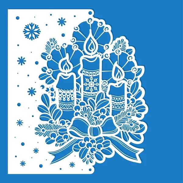 Рождественские Свечи Еловыми Ветвями Лентой Шаблон Лазерной Резки Подходит Оформления — стоковый вектор