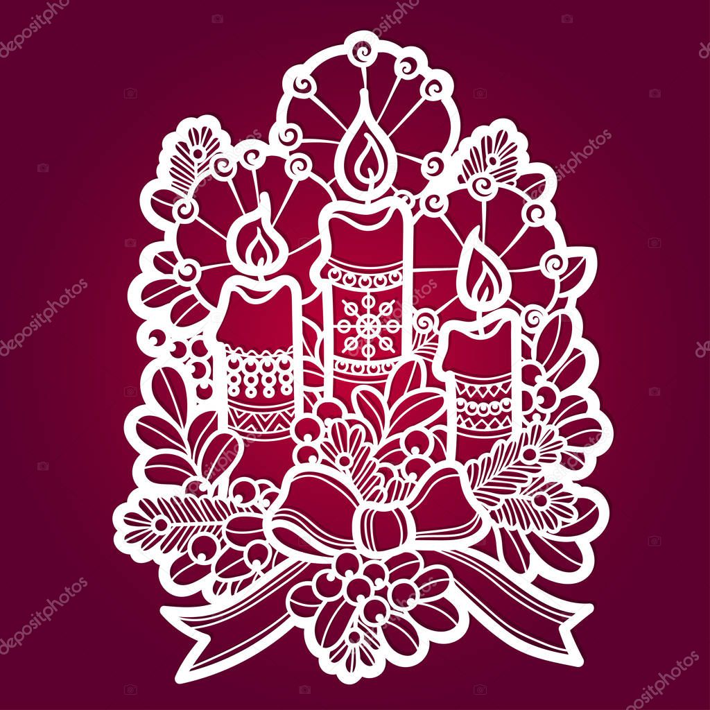 Christmas candles, with spruce branches and ribbon. A template for laser cutting. Suitable for decoration, cards, invitations and decorative elements of the interior. For cutting from paper, wood, metal. Vector