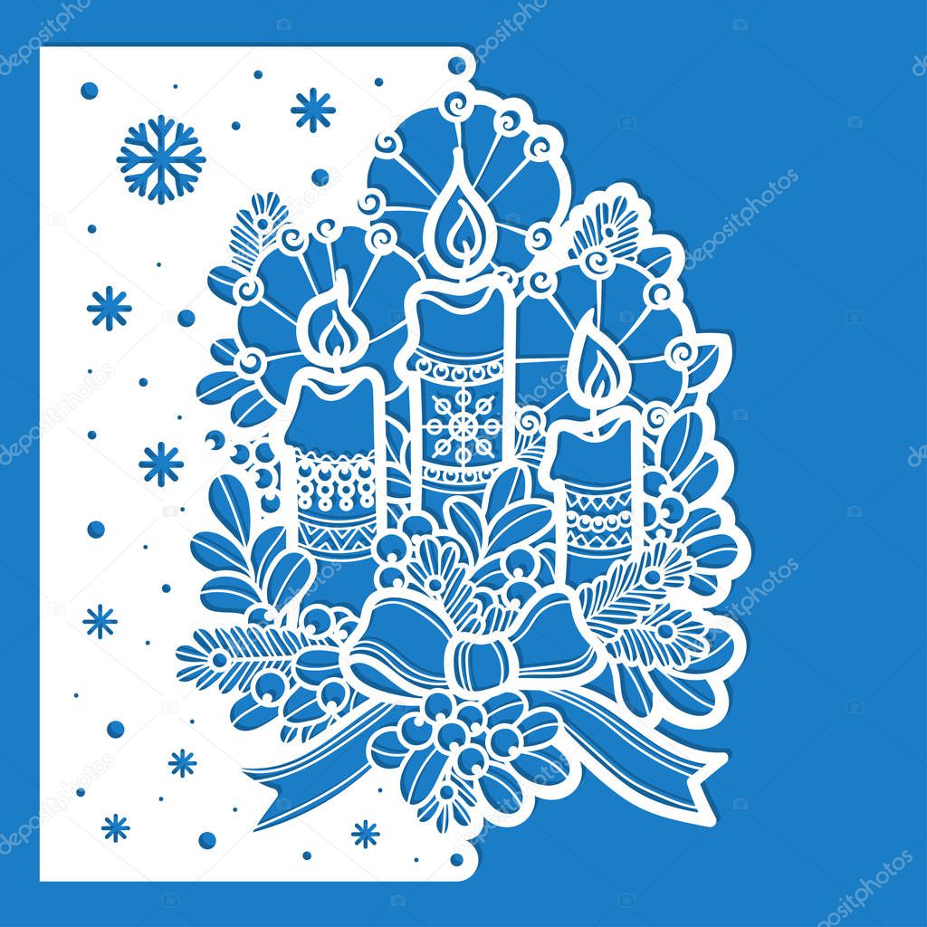 Christmas candles, with spruce branches and ribbon. A template for laser cutting. Suitable for decoration, cards, invitations and decorative elements of the interior. For cutting from paper, wood, metal. Vector