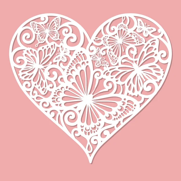 Lazer kesim için bir şablon. Ajur kalp kelebekler yaptı. Kağıt, ahşap, metal kesim için. Vektör