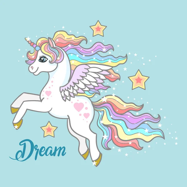 Rüya. Çizgi film, küçük, gökkuşağı tek boynuzlu at mavi bir arka plan üzerinde yıldız arasında. Vektör