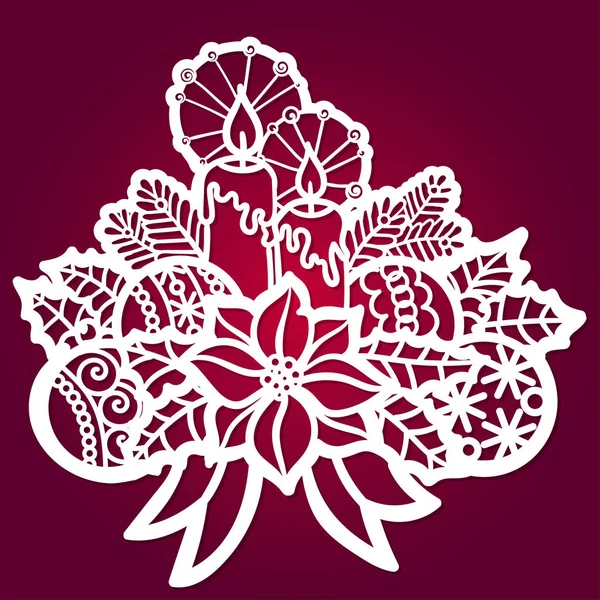 Lazer kesim için bir şablon. Noel topları, ökse otu ve holly ile Noel mumlar. Kartpostallar, menüler tasarımı için. vb. Vektör