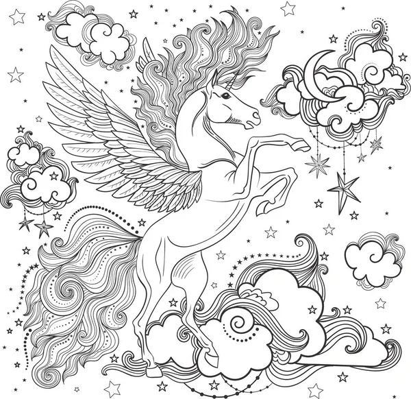 Bulutların arasında bir güzel tek boynuzlu at. çizilmiş. Siyah ve beyaz. Boyama için. Vektör