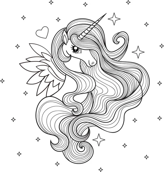 Güzel bir tek boynuzlu at. Siyah ve beyaz. El boyalı. Boyama için dövme. Vektör