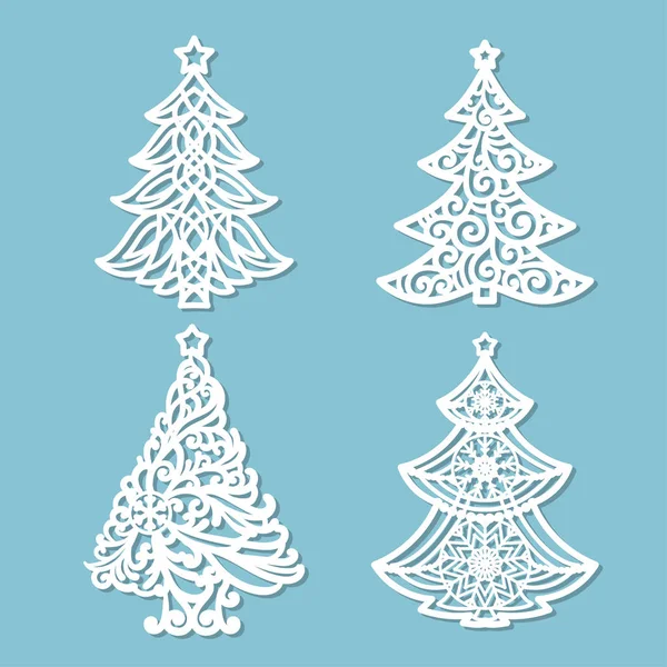 レーザー切断のためのパターンを設定します クリスマス ツリー グリーティング カード お祝いの言葉 メニューのデザインなど 紙から切断 木材金属 — ストックベクタ