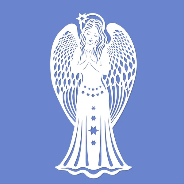 Güzel, dantelli melek. Lazer kesim için bir şablon. Ürünler kesim için kağıt, ahşap, metal yapılmış. Tebrik kartpostallar, imzalar, menüler ve iç öğeler için uygundur..