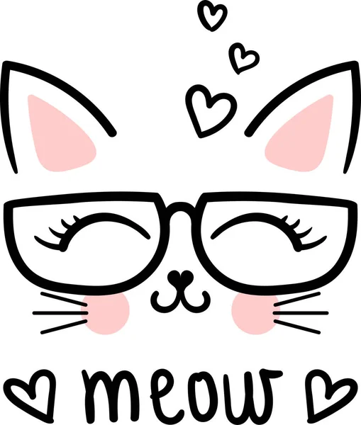 Meow Cute Gato Dos Desenhos Animados Com Óculos Para Cartazes — Vetor de Stock