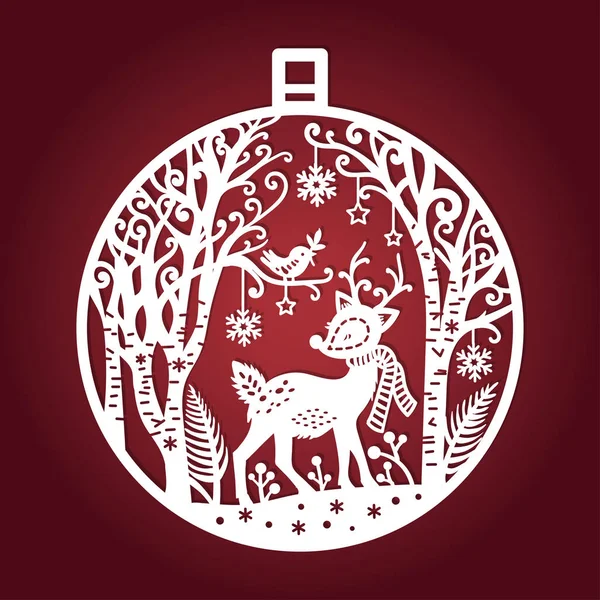 Mall För Laserskärning Jul Bollen Med Hjort Och Vinter Skog — Stock vektor