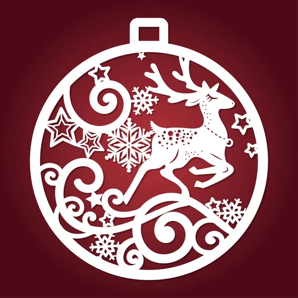 Lazer kesim için şablon. Bir geyik ve kar taneleri ile Noel top. Kartları, menü, Noel süsleri, vb tasarımı için. Vektör