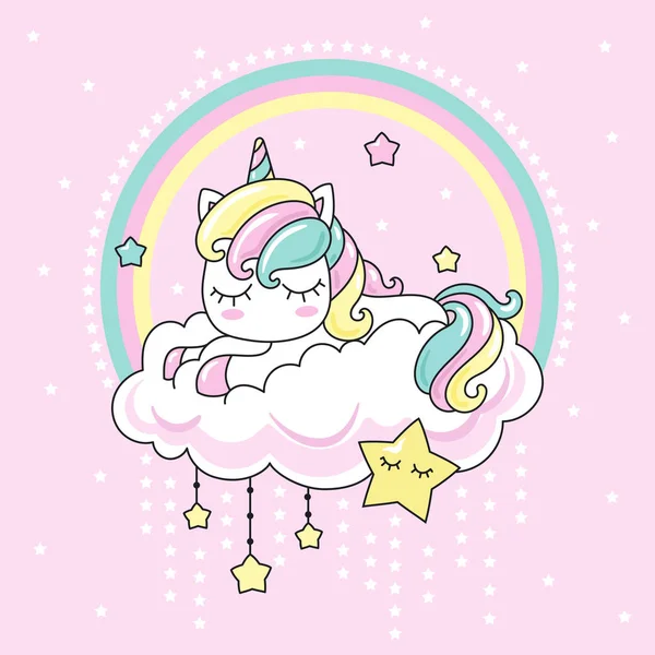 Carino Kawai Unicorno Arcobaleno Dormire Una Nuvola Sfondo Rosa Stampe — Vettoriale Stock