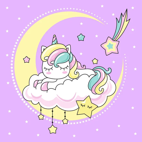 Şirin, küçük, Kawai, gökkuşağı tek boynuzlu at. Bir bulutun üzerinde uyuyor. Mor bir arka plan üzerinde. Tasarım baskı, poster, kartları ve benzeri için. Vektör