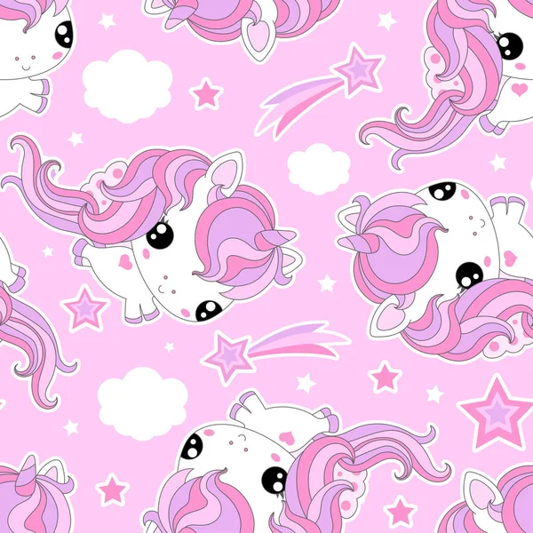 Seamless Pattern Small White Unicorns Stars Design Fabric Wallpaper Paper — Stock Vector