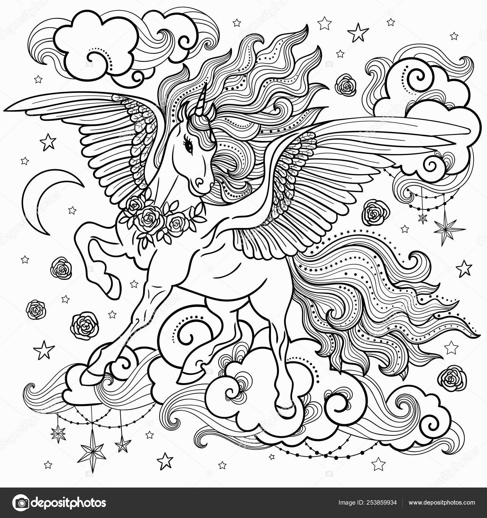 Beautiful unicorn with a long mane. Black and White. For coloring ...