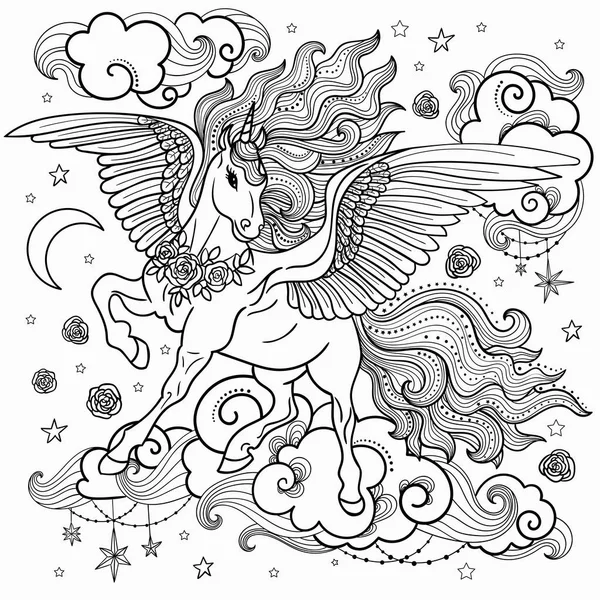 Unicorn cantik dengan surai panjang. Hitam dan Putih. Untuk mewarnai. Untuk desain cetakan grafis, ilustrasi.Vector - Stok Vektor