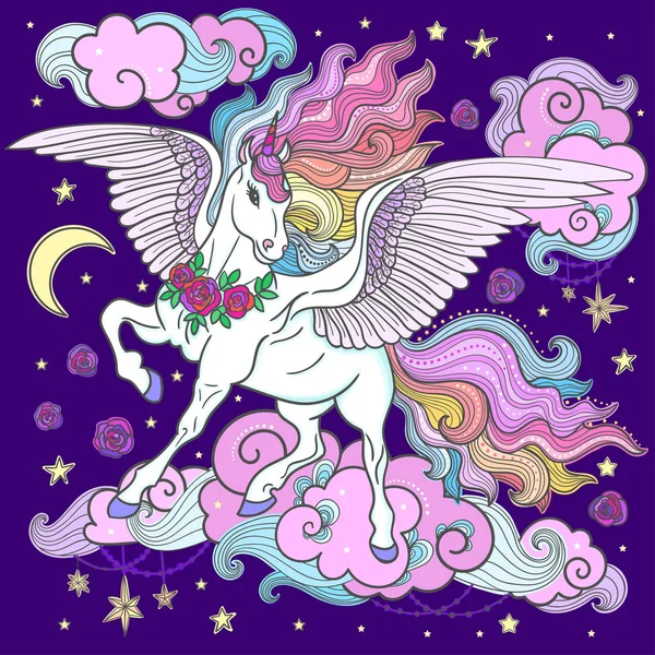 Koyu mavi zemin üzerine uzun bir yele olan güzel at. . Vektör