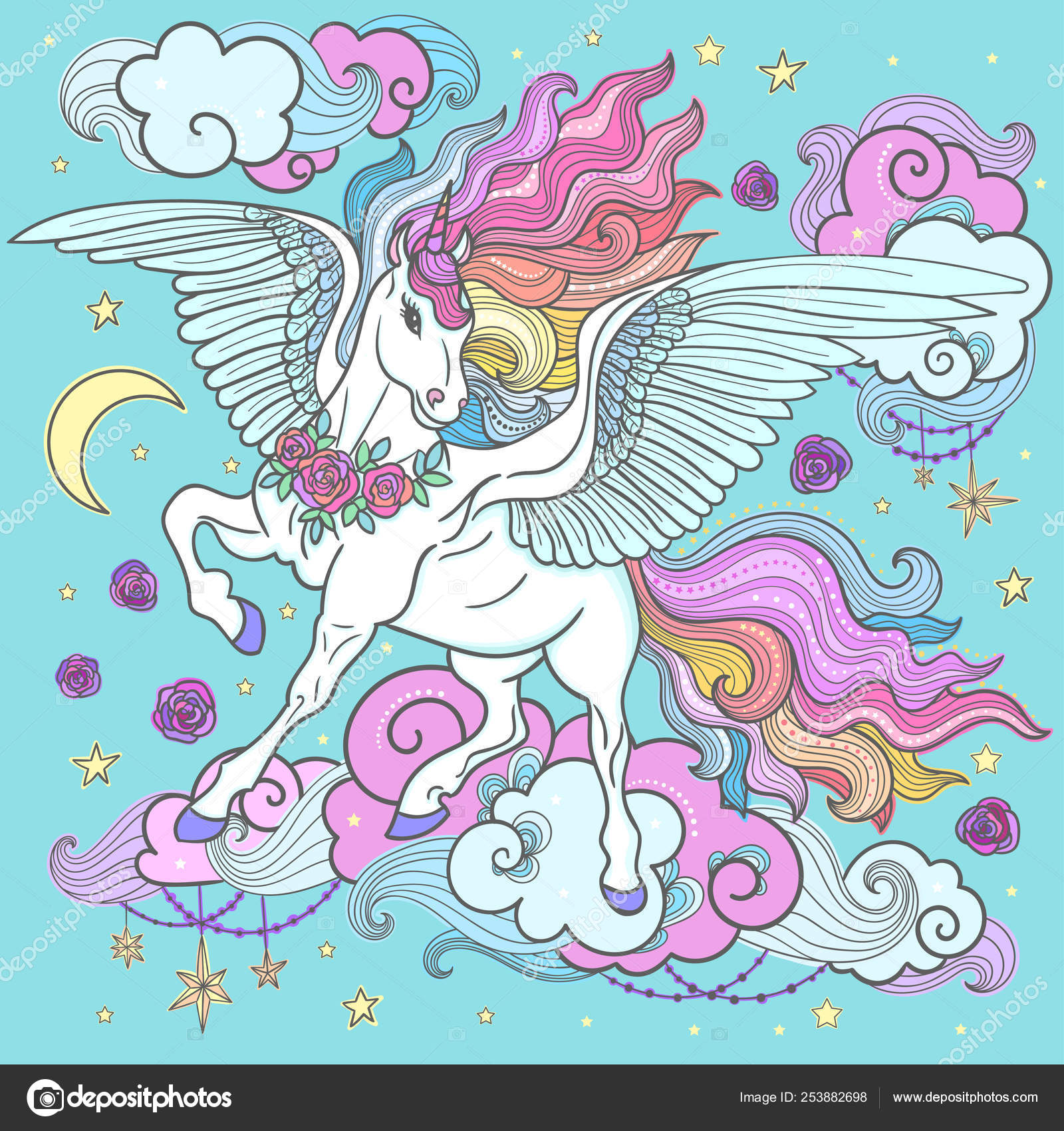 Cute rainbow unicorn among the clouds, stars, roses nv blue ...