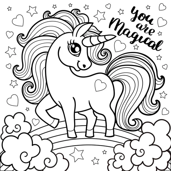 Magic animal horse for children. Unicorn fabulous. Cute cartoon black and white vector illustration with fantasy character.