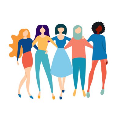 Beş kadın arkadaştan oluşan bir şirket. Feminizm Aktivistler.Vektör İllüstrasyon