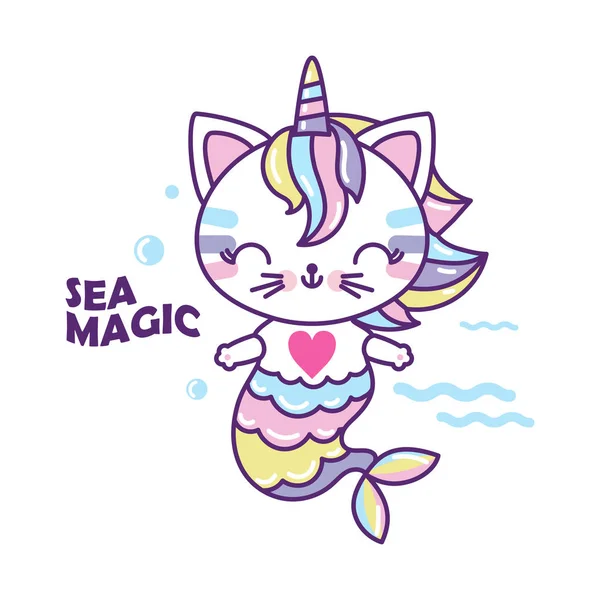 Lindo unicornio sirena gato. Personaje de dibujos animados. Vector — Vector de stock