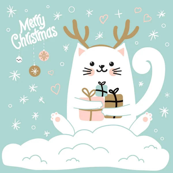 Милий кіт з капелюхом з рогами оленів. Різдвяна векторна ілюстрація. Різдвяна листівка . — стоковий вектор