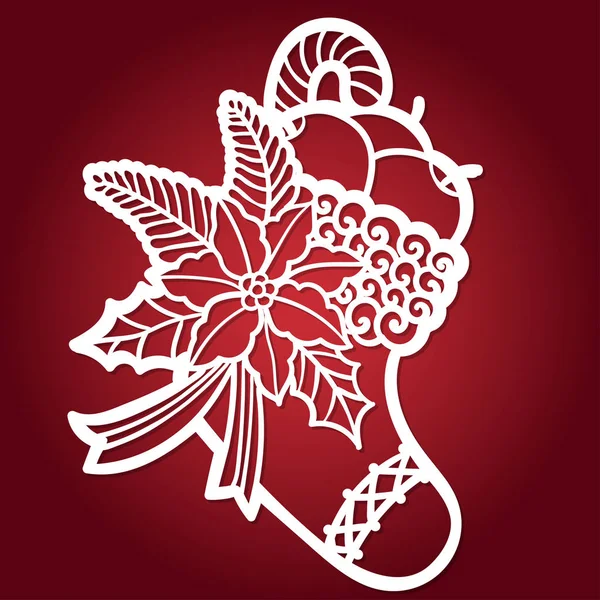 Lazer kesim için şablon. Kırmızı arka planda Noel botları vektör silueti