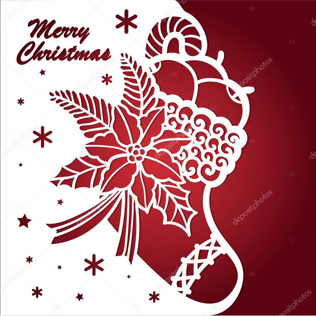 Template for laser cutting.Christmas boots vector silhouette on a red background