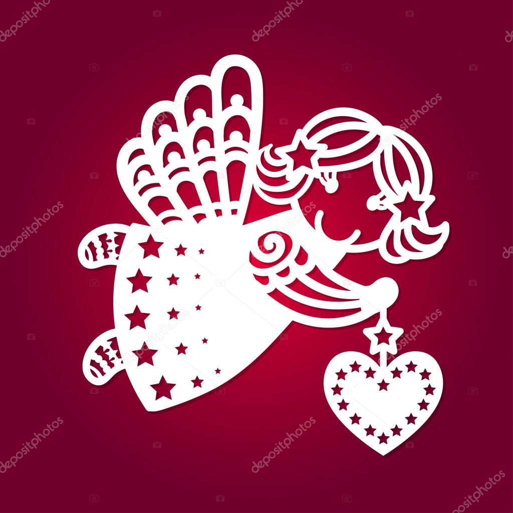 Template for laser cutting. Angel with a heart. Vector