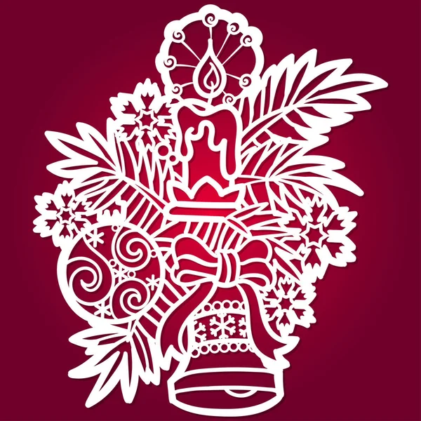 Lazer kesim şablonu. Mumları ve Noel oyuncakları olan bir ladin dalı. Vektör