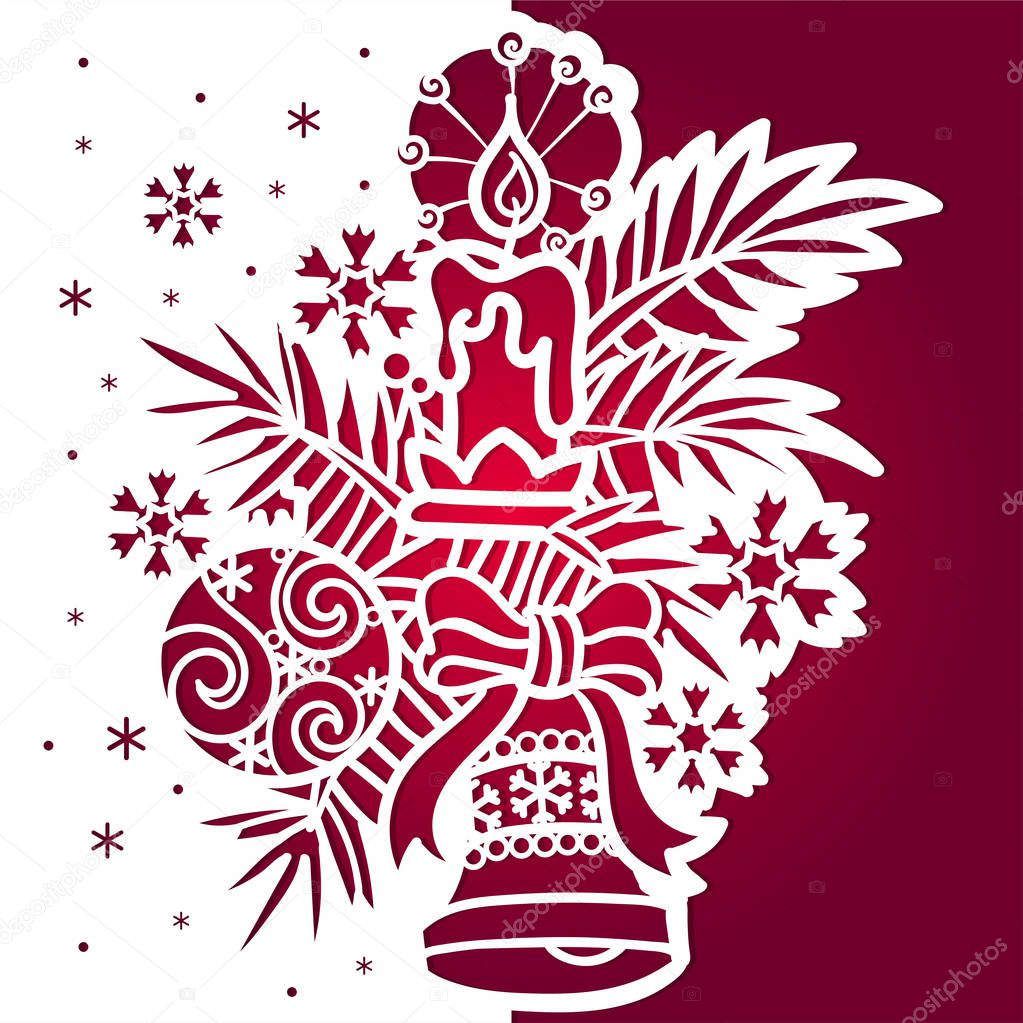 Template for laser cutting. Element of a greeting card with candles, fir branch and Christmas toys. Vector